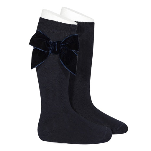 Velvet bow knee-high socks navy