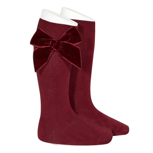 Velvet bow knee-high socks burgundy