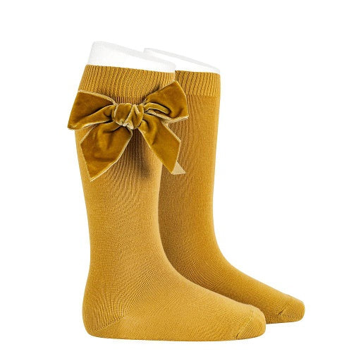 Velvet bow knee-high socks mustard