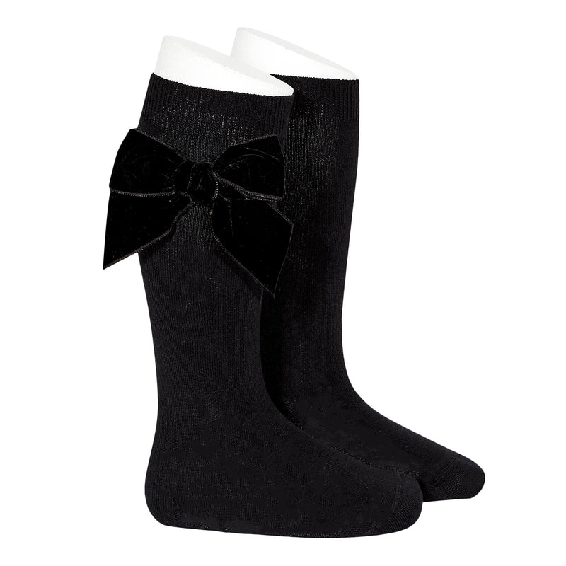 Velvet bow knee-high socks black