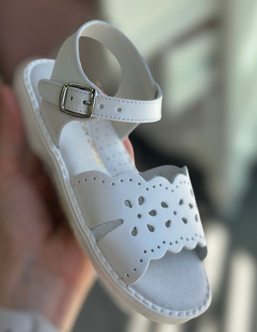 White Leather Scallop Sandals