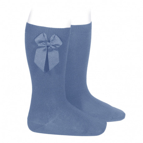 Solid Bow Knee High Socks French Blue