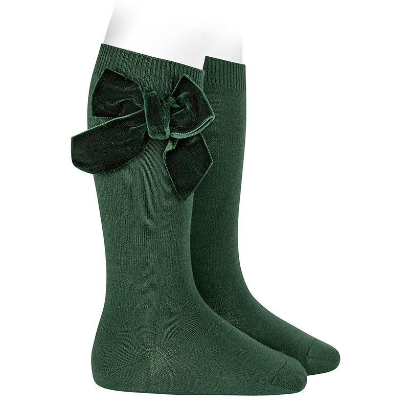 Velvet bow knee-high socks bottle green