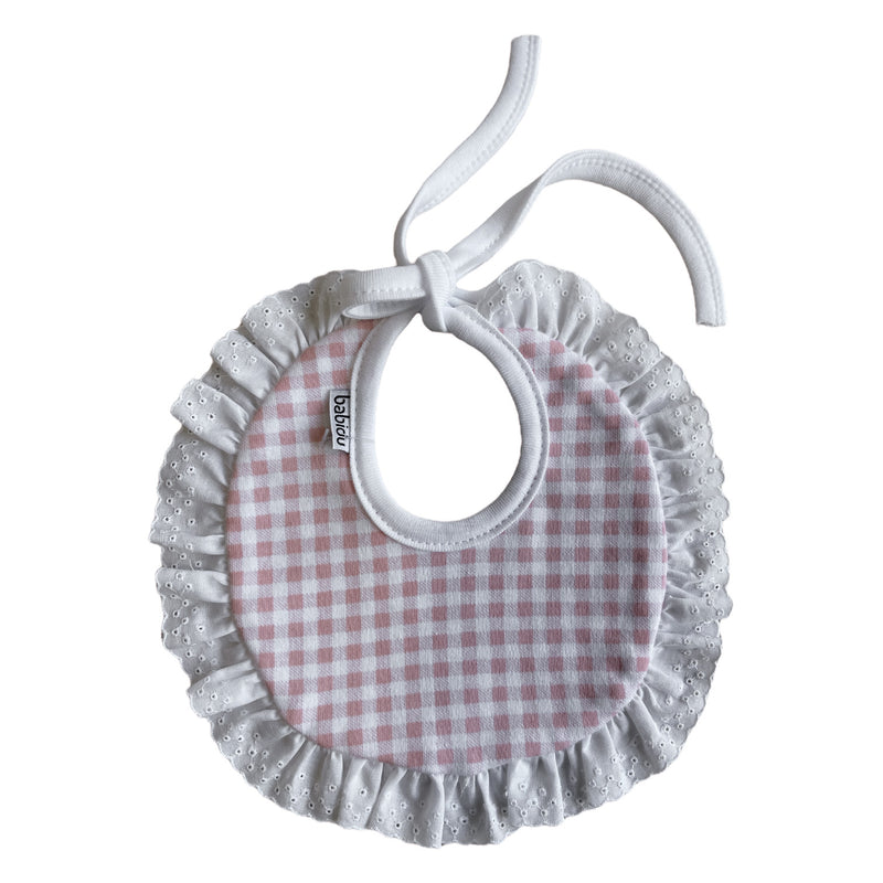 Pink Gingham Bib with Eyelet Ruffle