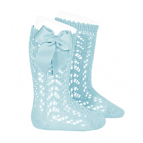 Aqua Knee High Bow Socks